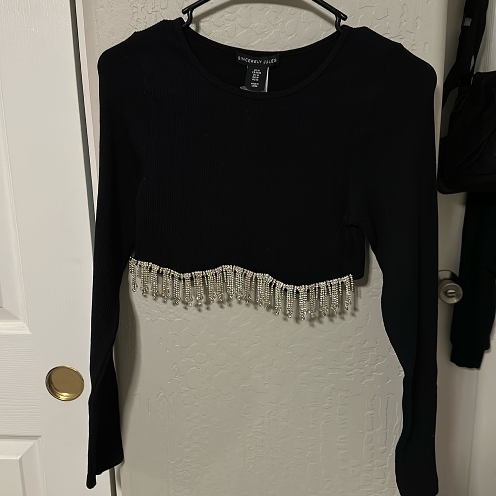 Black Long Sleeve With Rhinestones Cropped Top